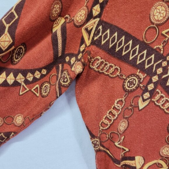 J. McLaughlin Long Sleeve Shirt Medium Ribbed Stretch Orange Gold Print - Picture 5 of 12